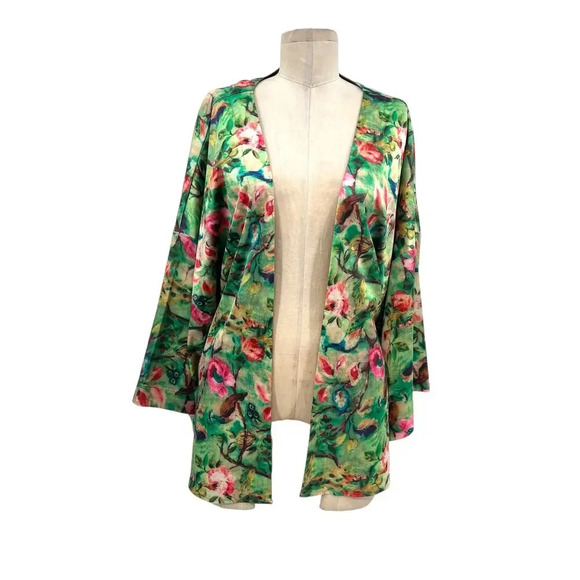 Elvi Green Floral Print Open Front Tie Kimono Jacket Size UK 20 / US 16 - Picture 1 of 12